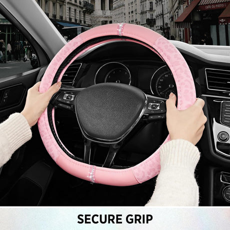 Leopard Steering Wheel Cover for Women, Cute Anti-Slip Microfiber Leather, Fits D Shape Flat Bottom Steering Wheel 14.5-15 Inch - Pink and Pink Leapoard