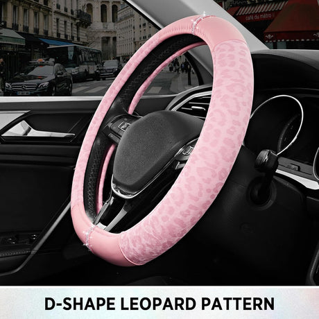 Leopard Steering Wheel Cover for Women, Cute Anti-Slip Microfiber Leather, Fits D Shape Flat Bottom Steering Wheel 14.5-15 Inch - Pink and Pink Leapoard