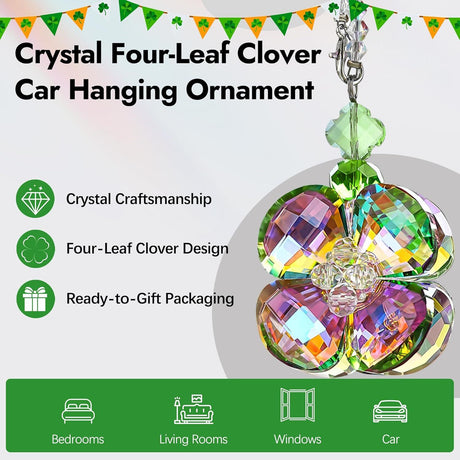 Crystal Four Leaf Clover Car Rear View Mirror Pendant Hanging Ornament for Car Accessories, Backpack, or Bag Decor
