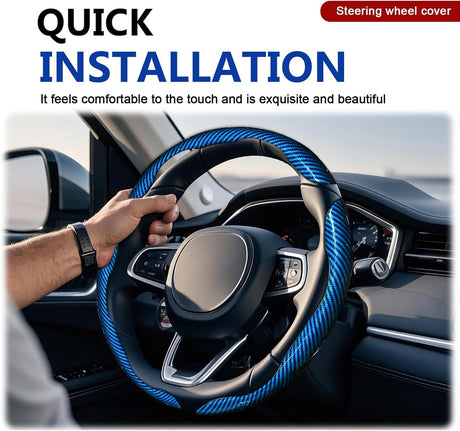 3pcs Universal Carbon Fiber Steering Wheel Cover - Anti-Slip & Segmented Design, Universal 99% Durable Steering Wheel Protector for Men and Women, Car Interior Accessory (Blue)