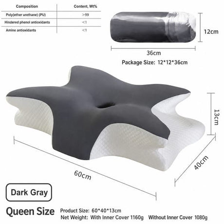 Butterfly Shaped Memory Foam Pillow, Ergonomic Orthopedic Support Pillow for Neck Pain Relief, Ice‑Silk Cover Sleep Pillow for Side Back Stomach Sleeper, Queen Size 60×40×13cm, Dark Grey