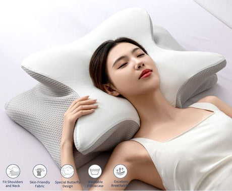 Butterfly Shaped Memory Foam Pillow, Ergonomic Orthopedic Support Pillow for Neck Pain Relief, Ice‑Silk Cover Sleep Pillow for Side Back Stomach Sleeper, Queen Size 60×40×13cm, Dark Grey