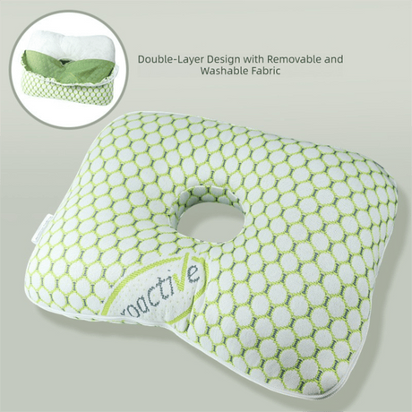 Green Ergonomic Ear Pillow with Hole for Side Sleepers, Ear Pain Relief Cushion, Washable Cover for Piercing & CNH