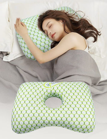 Green Ergonomic Ear Pillow with Hole for Side Sleepers, Ear Pain Relief Cushion, Washable Cover for Piercing & CNH