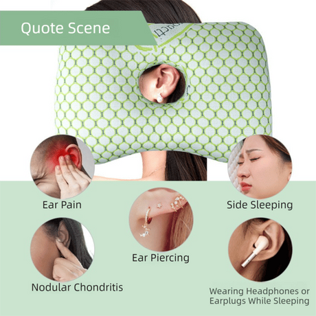 Green Ergonomic Ear Pillow with Hole for Side Sleepers, Ear Pain Relief Cushion, Washable Cover for Piercing & CNH