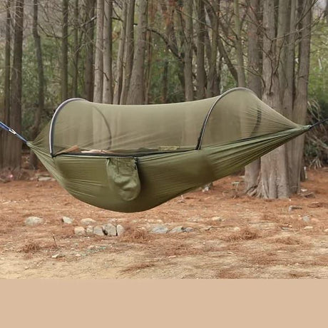 Military‑Green Outdoor Camping Hammock with Mosquito Net, Anti‑Tipping Nylon Fabric, Quick Setup Hammock for Single & Double Person