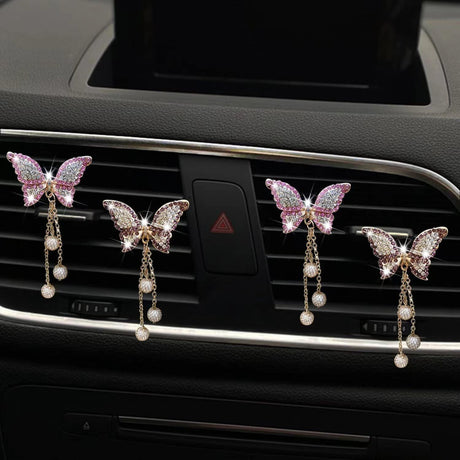 4 in 1 Bling Butterfly Aromatherapy Air Vent Clips, Diamond Pearl Pendant Butterfly Car Air Fresheners, Cute Car Decoration, Interior Decor