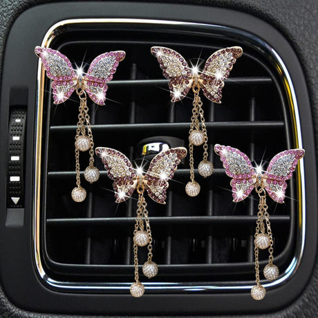 4 in 1 Bling Butterfly Aromatherapy Air Vent Clips, Diamond Pearl Pendant Butterfly Car Air Fresheners, Cute Car Decoration, Interior Decor