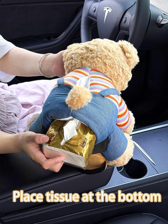 Cute Car Trash Can with Tissue Holder Teddy Bear Tissue Box Console Stuffed Animal Organizer Plush Doll Multifunctional Creative Accessories for Women Rainbow Bear