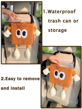 Car Cute 2 in 1 Trash Can with Tissue Holder Box Seat Back Bag Hanging over the Seat Organizer Plush Cartoon Animal Storage Garbage,Brown