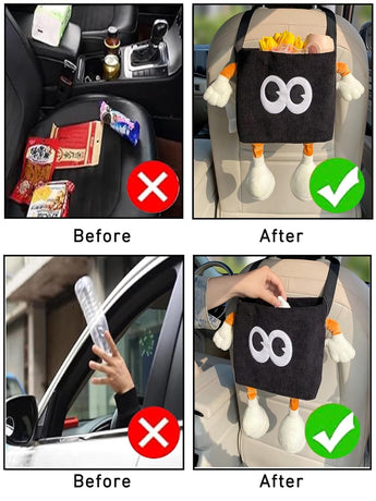 Car Cute 2 in 1 Trash Can with Tissue Holder Box Seat Back Bag Hanging over the Seat Organizer Plush Cartoon Animal Storage Garbage,Black