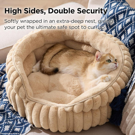 Cat Bed, Washable Round Cute Pet Beds for Indoor Cats, Super Soft Corduroy Kitten Bed with Anti-Slip Bottom, 20''x20''x8'', Sandy Beige