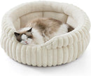 Cat Bed, Washable Round Cute Cat Beds for Indoor Cats, Super Soft Corduroy Pet Bed for Puppy and Kitten with Anti-Slip Bottom, 23''x23''x8.5'', Cream