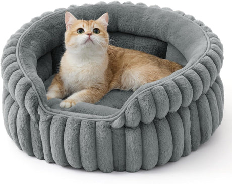 Cat Bed, Washable Round Cute Pet Beds for Indoor Cats, Super Soft Corduroy Kitten Bed with Anti-Slip Bottom, 20''x20''x8'', Warm Gray