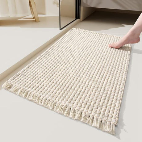 Soft Microfiber Farmhouse Bathroom Rug, Washable Kitchen Floor Mat, Woven Non‑Slip Bath Mat with Pure Tassels, Plush Woven Bathroom Carpet, Door Mat for Laundry Room, 20