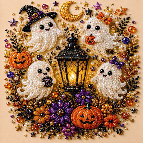 DIY Halloween Cute Ghost Lantern Diamond Painting Kit, Pearl Bead Art 20×20cm, Pre‑Stretched Inner Frame, Plastic Sealed Package with Full Set Craft Tools