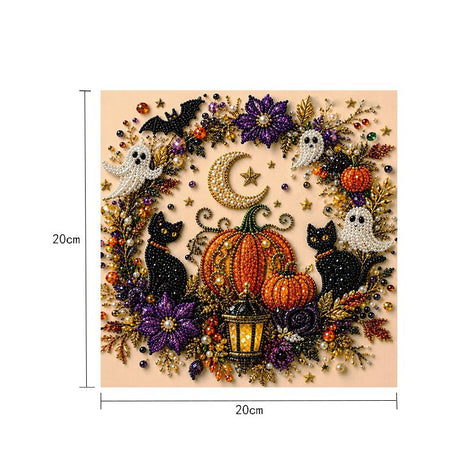 DIY Halloween Witch Pumpkin Diamond Painting Kit, Pearl Bead Art 20×20cm, Pre‑Stretched Inner Frame, Plastic Sealed Package with Full Set Craft Tools