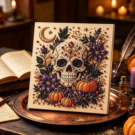 DIY Halloween Witch Pumpkin Diamond Painting Kit, Pearl Bead Art 20×20cm, Pre‑Stretched Inner Frame, Plastic Sealed Package with Full Set Craft Tools