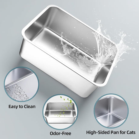 Stainless Steel Cat Litter Box - Large Metal High-Sided Pan for Cats, Pets, Non-Stick, Odor-Free, Easy to Clean, Splash-Proof, Durable (23.6