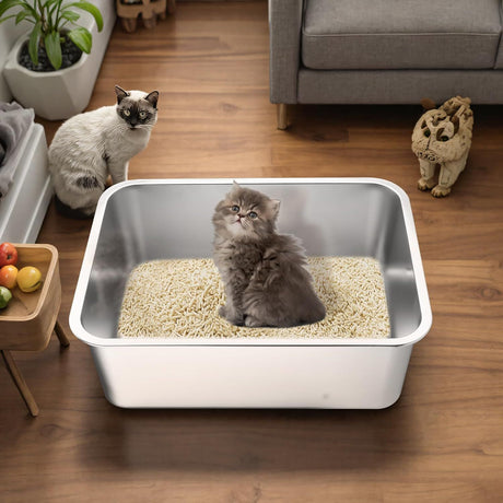 Stainless Steel Cat Litter Box - Large Metal High-Sided Pan for Cats, Pets, Non-Stick, Odor-Free, Easy to Clean, Splash-Proof, Durable (23.6