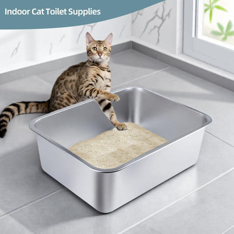 Stainless Steel Cat Litter Box - Large Metal High-Sided Pan for Cats, Pets, Non-Stick, Odor-Free, Easy to Clean, Splash-Proof, Durable (23.6