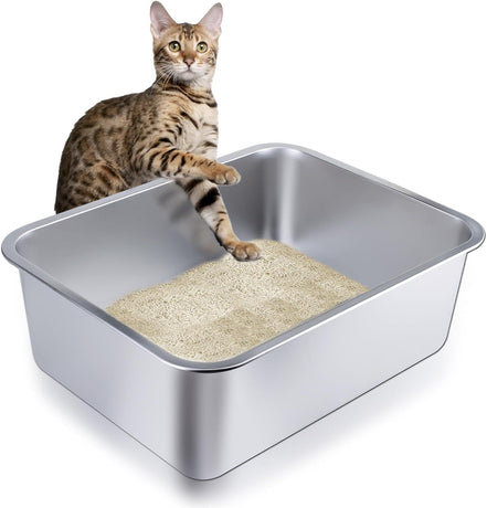 Stainless Steel Cat Litter Box - Large Metal High-Sided Pan for Cats, Pets, Non-Stick, Odor-Free, Easy to Clean, Splash-Proof, Durable (23.6