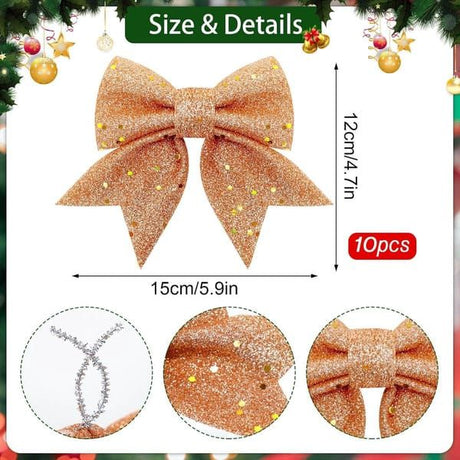 10 Pack Glitter Christmas Bows, Small Pearl Cotton Decorative Bows, Sparkly Bow Ornaments for Christmas Tree, Wreath, Gift Wrapping, Gold