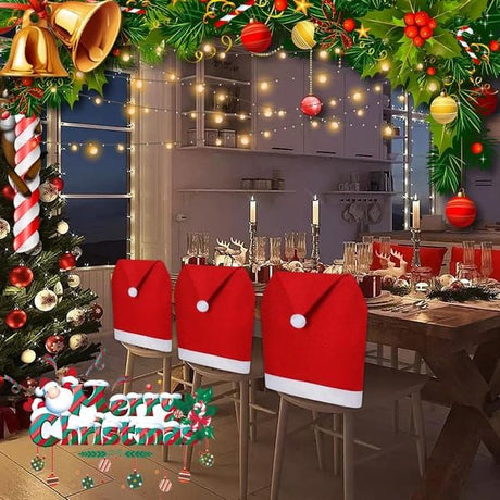 5 Pack Santa Hat Chair Covers, Red Christmas Chair Back Covers, Xmas Dining Chair Slipcovers for Christmas Dinner Party Decorations