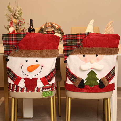 Santa, Snowman & Reindeer Christmas Chair Covers, 3 Pack Xmas Dining Chair Slipcovers, Plaid Fabric Chair Back Covers for Holiday Dinner Party Decor