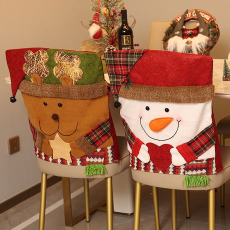 Santa, Snowman & Reindeer Christmas Chair Covers, 3 Pack Xmas Dining Chair Slipcovers, Plaid Fabric Chair Back Covers for Holiday Dinner Party Decor