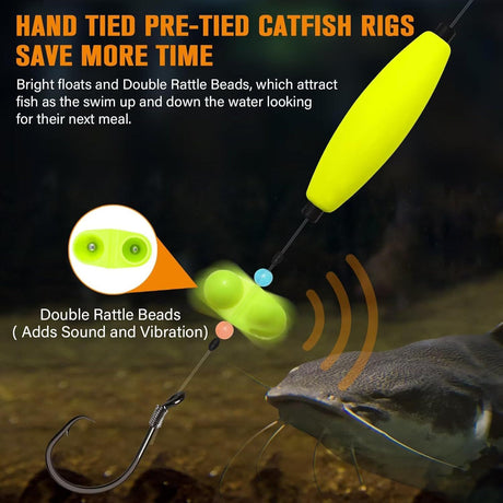 Pre-Tied Catfish Rig System, 23 Inch 55LB Santee Cooper Catfish Float Rig with Adjustable EVA Slip Float and High Carbon Circle Hooks 5/0 6/0 8/0, Ready-to-Fish for River and Bank Fishing(Cigar Float-8/0Hook * 6PCS)