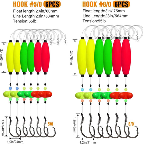 Pre-Tied Catfish Rig System, 23 Inch 55LB Santee Cooper Catfish Float Rig with Adjustable EVA Slip Float and High Carbon Circle Hooks 5/0 6/0 8/0, Ready-to-Fish for River and Bank Fishing(Cigar Float-8/0Hook * 6PCS)