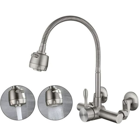Wall Mounted Kitchen Tap, Food-Grade 304 Stainless Steel Flexible Gooseneck Faucet with 2 Spray Modes, 360° Swivel Kitchen Sink Tap, Mount Hole Distance 12-18cm for Laundry & Kitchen Sink