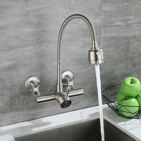 Wall Mounted Kitchen Tap, Food-Grade 304 Stainless Steel Flexible Gooseneck Faucet with 2 Spray Modes, 360° Swivel Kitchen Sink Tap, Mount Hole Distance 12-18cm for Laundry & Kitchen Sink
