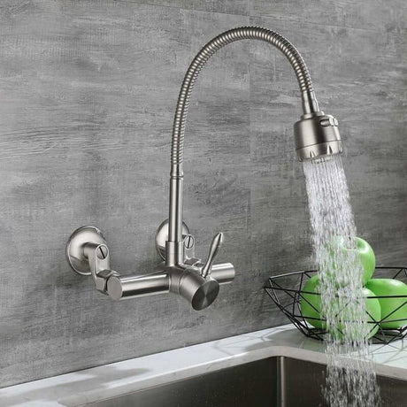 Wall Mounted Kitchen Tap, Food-Grade 304 Stainless Steel Flexible Gooseneck Faucet with 2 Spray Modes, 360° Swivel Kitchen Sink Tap, Mount Hole Distance 12-18cm for Laundry & Kitchen Sink