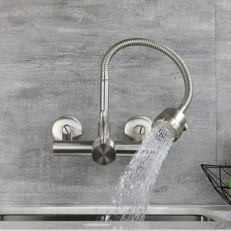 Wall Mounted Kitchen Tap, Food-Grade 304 Stainless Steel Flexible Gooseneck Faucet with 2 Spray Modes, 360° Swivel Kitchen Sink Tap, Mount Hole Distance 12-18cm for Laundry & Kitchen Sink