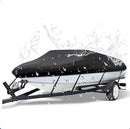 600D Oxford Cloth Boat Cover, Waterproof UV Protection Dustproof Marine Cover for V-Hull Speedboat Motor Yacht, Adjustable Strap & Elastic Hem Design for Outdoor Storage & Trailer Transport