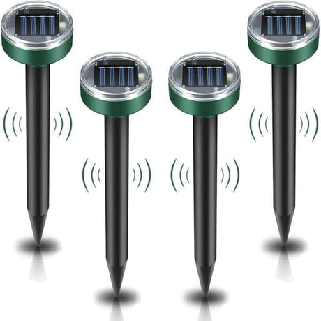 Solar Ultrasonic Mole Repeller 4 Pack, IP65 Waterproof Sonic Mole Vole Gopher Deterrent, Solar Powered Ground Stake Rodent Repellent for Yard Garden Lawn Outdoor Pest Control