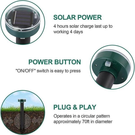Solar Ultrasonic Mole Repeller 4 Pack, IP65 Waterproof Sonic Mole Vole Gopher Deterrent, Solar Powered Ground Stake Rodent Repellent for Yard Garden Lawn Outdoor Pest Control