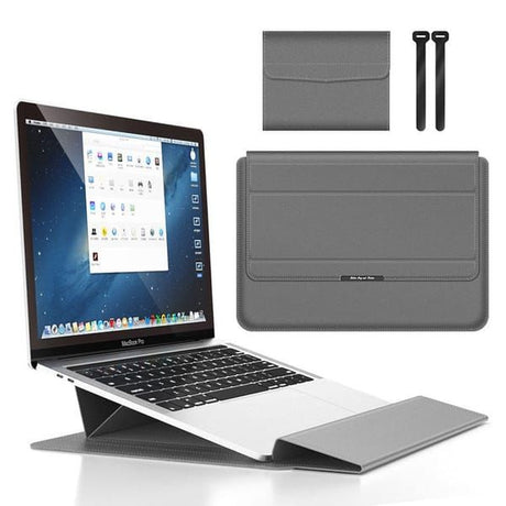 3-in-1 Laptop Sleeve Case with Built-in Stand & Wrist Rest, Waterproof PU Leather Notebook Cover for 15/16 Inch Laptops, Ergonomic Portable Laptop Protective Bag, Gray