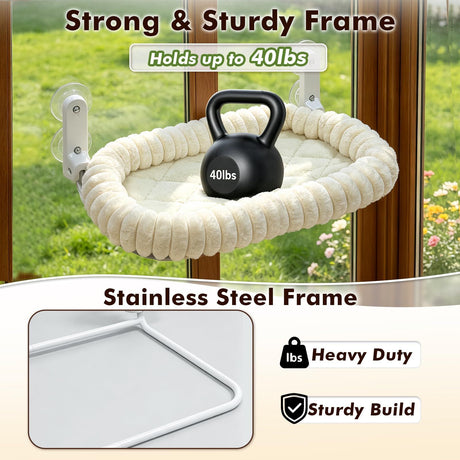 XL Cat Window Perch with 4 Heavy-Duty Suction Cups, Solid Metal Frame, Removable Striped Plush Bed, No Drill Window Mount Cat Hammock for Indoor Large Cats