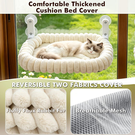 XL Cat Window Perch with 4 Heavy-Duty Suction Cups, Solid Metal Frame, Removable Striped Plush Bed, No Drill Window Mount Cat Hammock for Indoor Large Cats