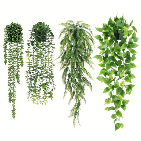 4 Pack Realistic Artificial Trailing Hanging Plants – Silver Dollar Eucalyptus, String of Pearls Succulent, Lush Boston Fern & Heart Leaf Pothos, Wall Mount Faux Greenery for Australian Coastal & Boho Home Styling