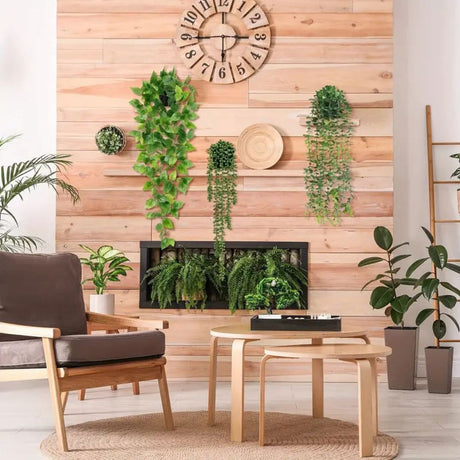 4 Pack Realistic Artificial Trailing Hanging Plants – Silver Dollar Eucalyptus, String of Pearls Succulent, Lush Boston Fern & Heart Leaf Pothos, Wall Mount Faux Greenery for Australian Coastal & Boho Home Styling