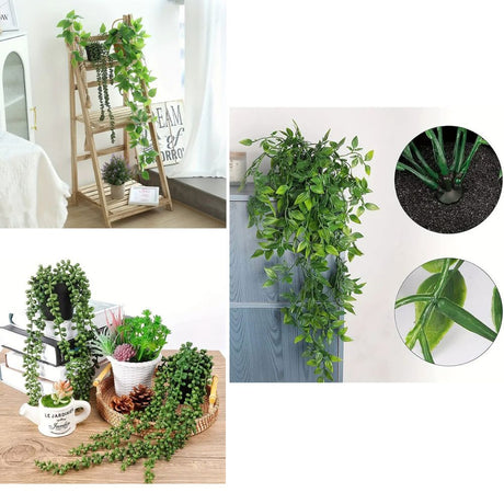 4 Pack Realistic Artificial Trailing Hanging Plants – Silver Dollar Eucalyptus, String of Pearls Succulent, Lush Boston Fern & Heart Leaf Pothos, Wall Mount Faux Greenery for Australian Coastal & Boho Home Styling