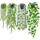 Set of 4 Artificial Hanging Trailing Plants, Fake Eucalyptus, String of Pearls, Boston Fern & Heart Leaf Pothos Vines, Low Maintenance Faux Potted Greenery for Indoor Balcony Wall Home Decor
