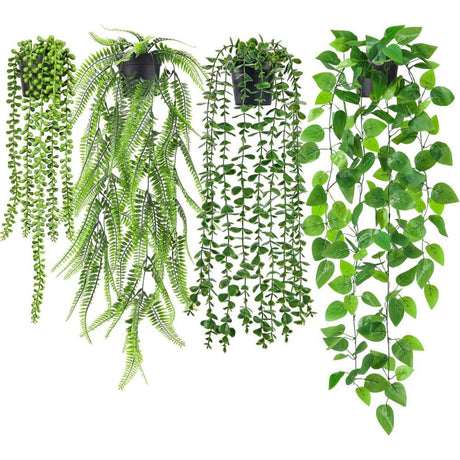 Set of 4 Artificial Hanging Trailing Plants, Fake Eucalyptus, String of Pearls, Boston Fern & Heart Leaf Pothos Vines, Low Maintenance Faux Potted Greenery for Indoor Balcony Wall Home Decor