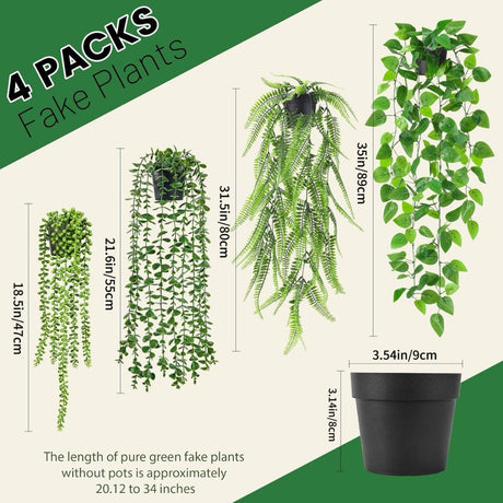 Set of 4 Artificial Hanging Trailing Plants, Fake Eucalyptus, String of Pearls, Boston Fern & Heart Leaf Pothos Vines, Low Maintenance Faux Potted Greenery for Indoor Balcony Wall Home Decor