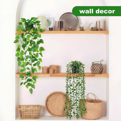Set of 4 Artificial Hanging Trailing Plants, Fake Eucalyptus, String of Pearls, Boston Fern & Heart Leaf Pothos Vines, Low Maintenance Faux Potted Greenery for Indoor Balcony Wall Home Decor