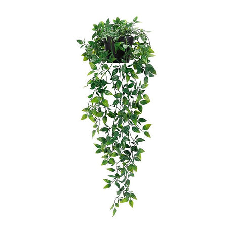 Artificial Hanging Mandevilla Plant with Pot, Fake Trailing Green Vine Potted Plant, Low Maintenance Faux Greenery for Indoor Wall Balcony Home Decor